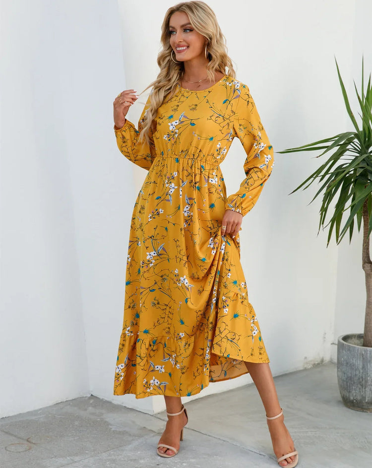 Women Eid Muslim Dresses Tight Waist O Neck Ruffles Spliced Casual Vestidos Flowers Dress Dubai Kaftan Islam Morocco Arab ShedPoundsPortal