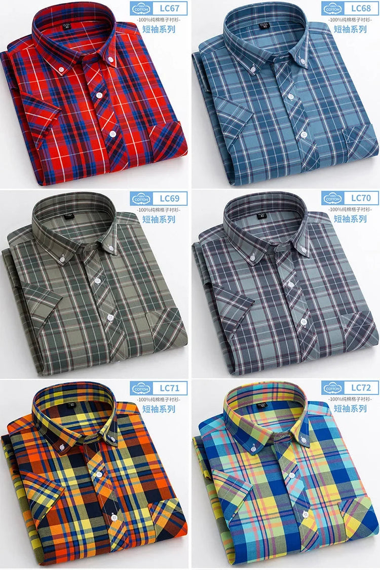 2025 Summer Cotton Plaid Short Sleeve Shirts For Men Plus Size Regular Fit Classic Young England Style Shirts Man&