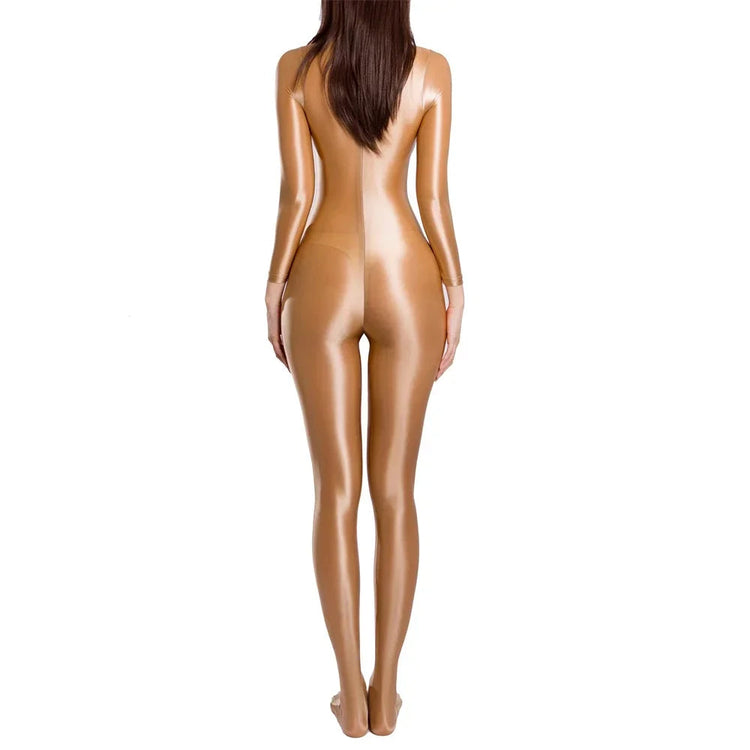 Sexy Women Zipper Full Body Jumpsuit Oil Glossy Sheer Solid Color Tights Bodysuits Long Sleeve Catsuits Smooth Swimsuits Rompers ShedPoundsPortal
