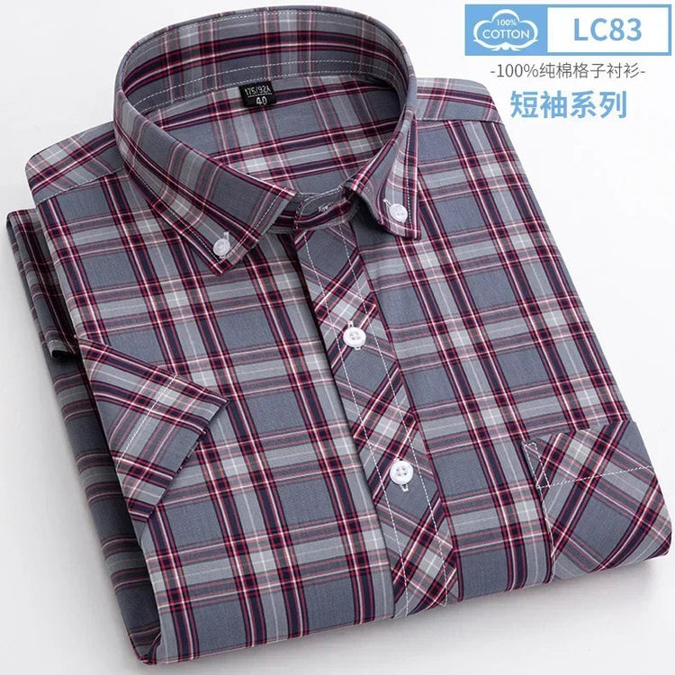 2025 Summer Cotton Plaid Short Sleeve Shirts For Men Plus Size Regular Fit Classic Young England Style Shirts Man&