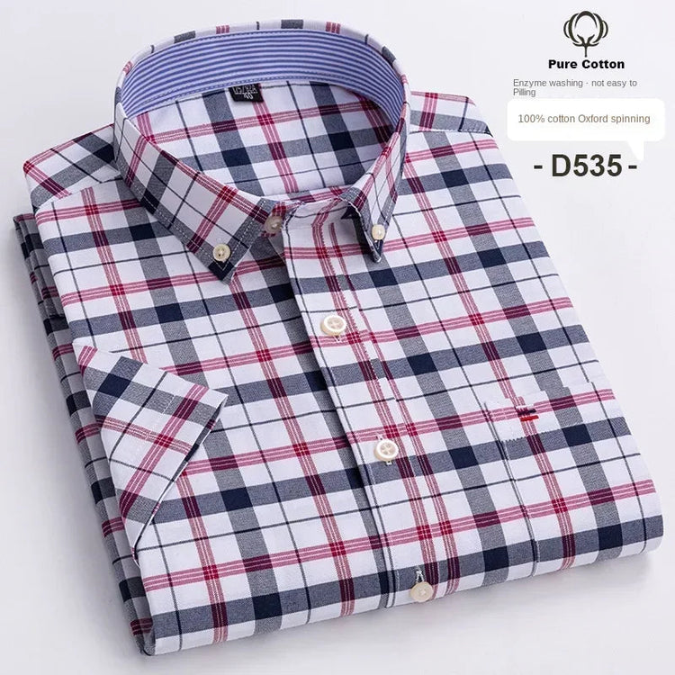 Cotton Fabric Breathable Men Oxford Short Sleeve Summer Plaid Striped Male Shirt Business Regular Fit Oversized Clothes ShedPoundsPortal