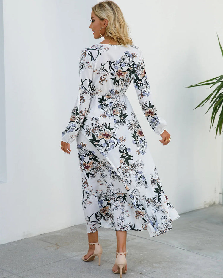 Women Eid Muslim Dresses Tight Waist O Neck Ruffles Spliced Casual Vestidos Flowers Dress Dubai Kaftan Islam Morocco Arab ShedPoundsPortal