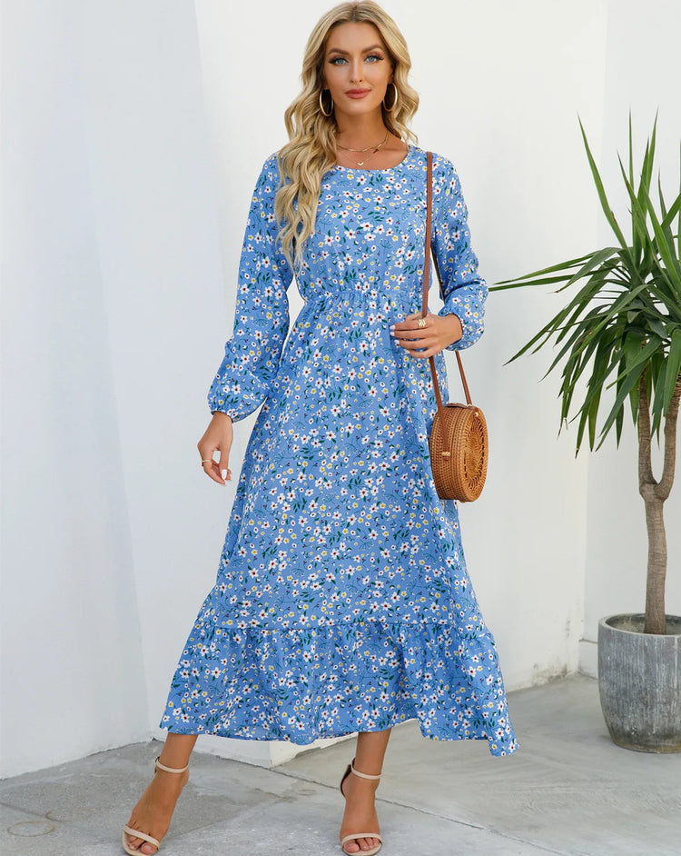 Women Eid Muslim Dresses Tight Waist O Neck Ruffles Spliced Casual Vestidos Flowers Dress Dubai Kaftan Islam Morocco Arab ShedPoundsPortal