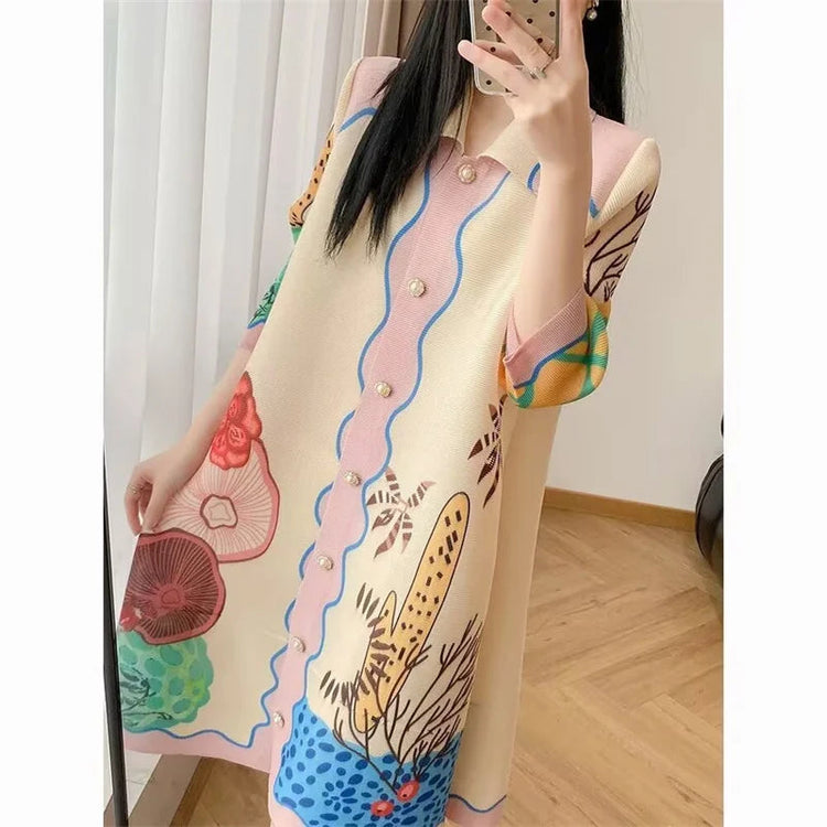 Womens Dresses Evening Dresses Beautiful Lssey Miyake Pleated Dress Summer new Fashion Lapel Loose Slim Long Print Fat mm Skirt ShedPoundsPortal