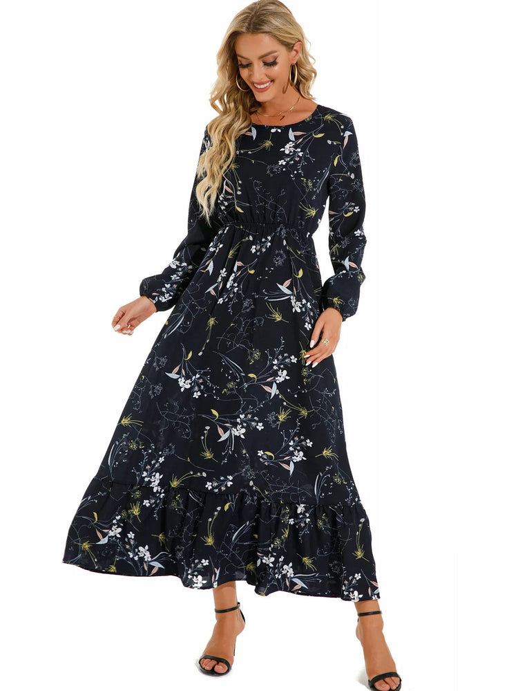 Women Eid Muslim Dresses Tight Waist O Neck Ruffles Spliced Casual Vestidos Flowers Dress Dubai Kaftan Islam Morocco Arab ShedPoundsPortal