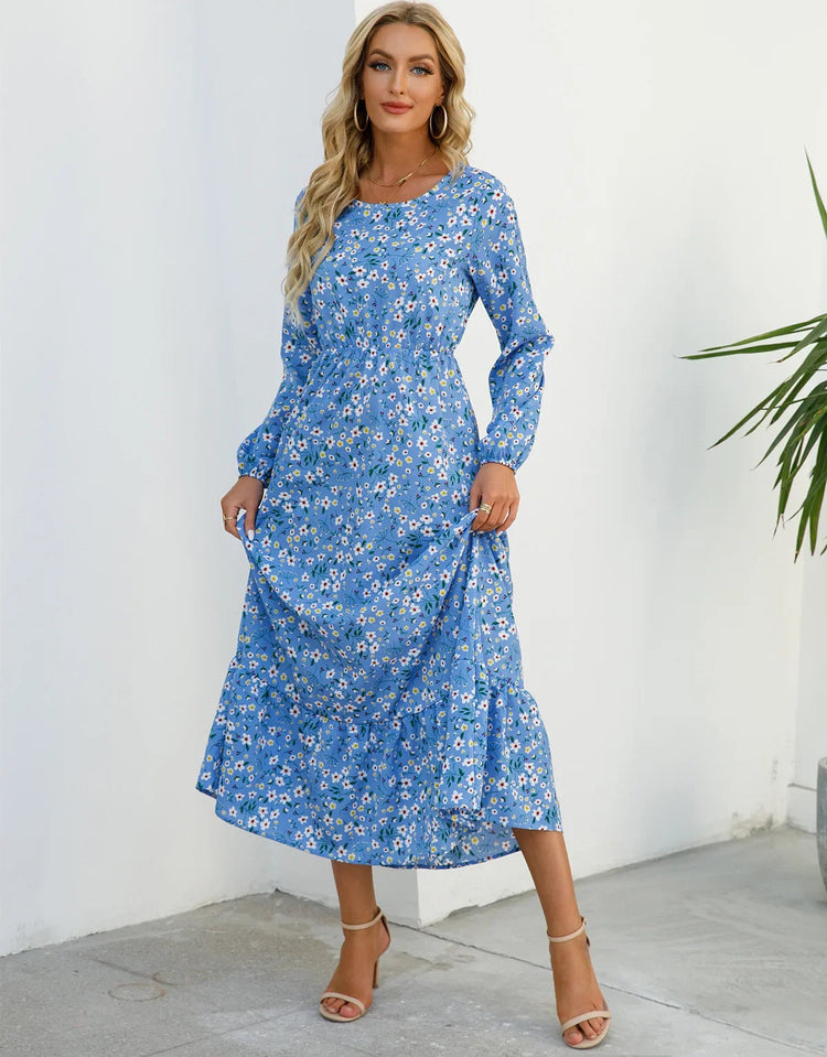 Women Eid Muslim Dresses Tight Waist O Neck Ruffles Spliced Casual Vestidos Flowers Dress Dubai Kaftan Islam Morocco Arab ShedPoundsPortal