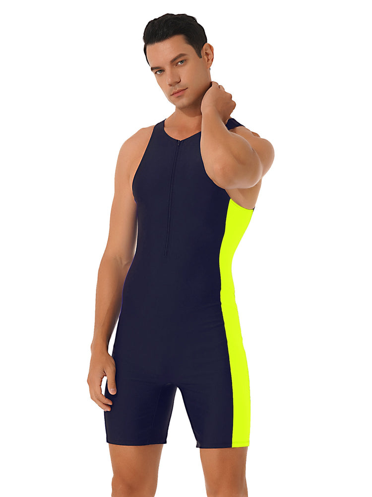 Mens Swimwear One-piece Wetsuit Swimming Bathing Suit Round Neck Sleeveless Side Shorts Bodysuit Triathlon Front Zipper Swimsuit ShedPoundsPortal