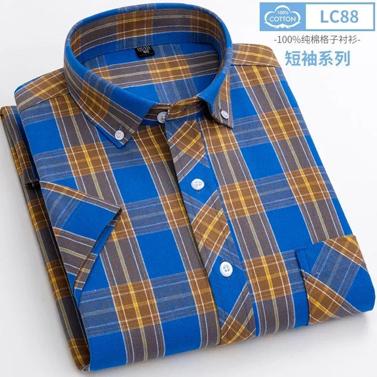 2025 Summer Cotton Plaid Short Sleeve Shirts For Men Plus Size Regular Fit Classic Young England Style Shirts Man&