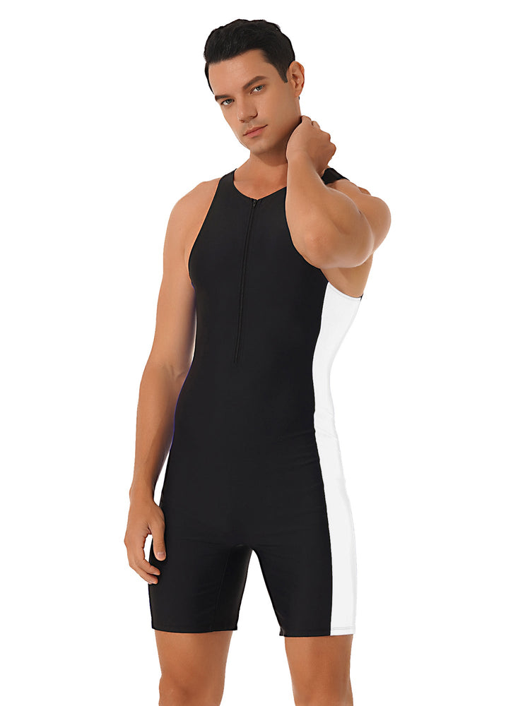 Mens Swimwear One-piece Wetsuit Swimming Bathing Suit Round Neck Sleeveless Side Shorts Bodysuit Triathlon Front Zipper Swimsuit ShedPoundsPortal