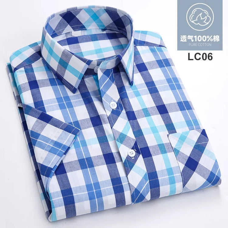 2025 Summer Cotton Plaid Short Sleeve Shirts For Men Plus Size Regular Fit Classic Young England Style Shirts Man&