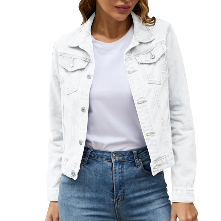 2025 Trend Womens Short Denim Jacket Classic Long Sleeve Boyfriend Jean Jacket Slim Fit Button Down Lapel Denim Coat Outwear ShedPoundsPortal