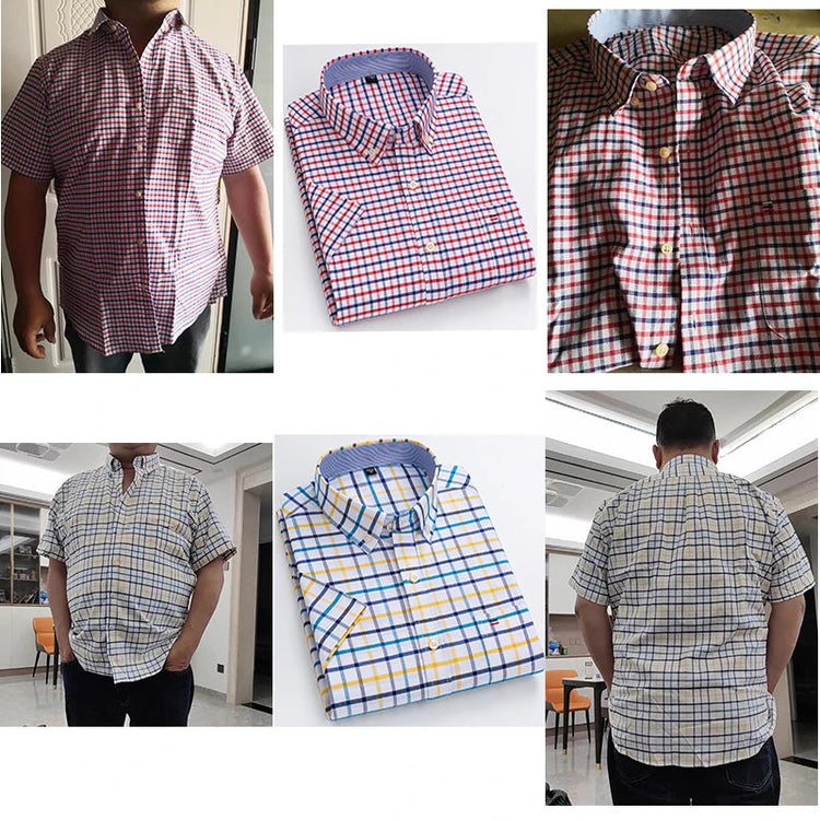 Branded Cotton Shirts for Men Short Sleeve Summer Plus Size Plaid Shirt Striped Male Shirt Business Casual White New Regular Fit ShedPoundsPortal