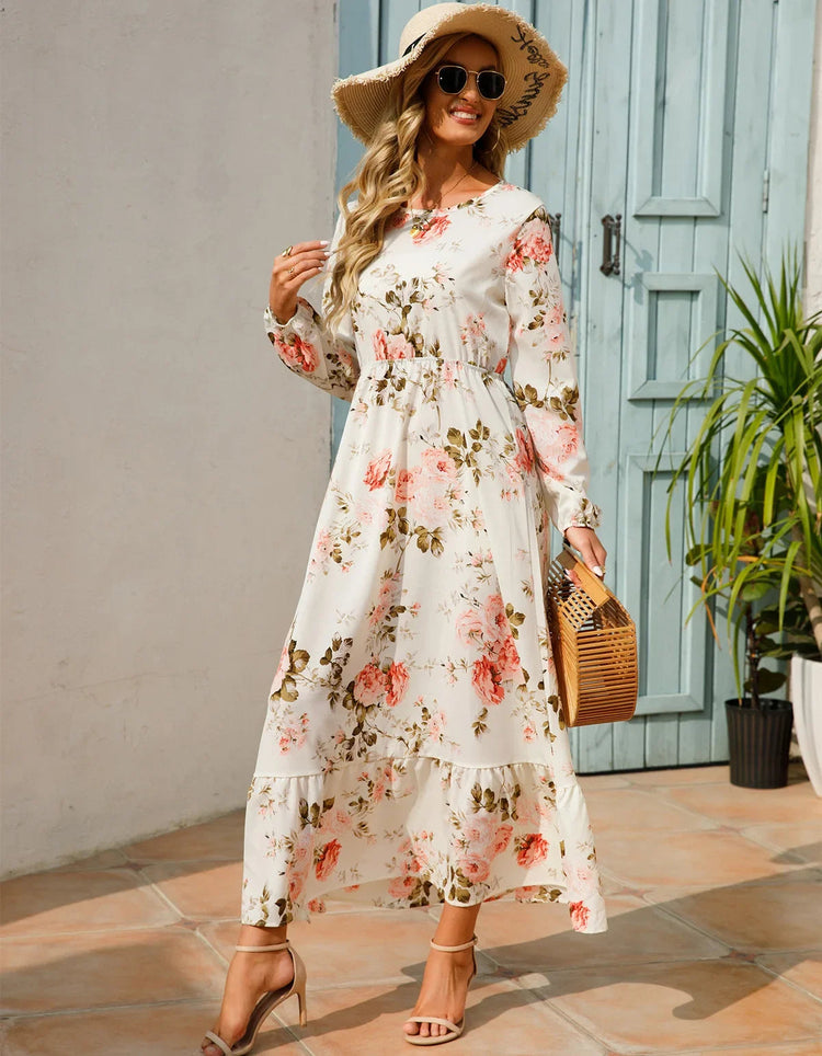 Women Eid Muslim Dresses Tight Waist O Neck Ruffles Spliced Casual Vestidos Flowers Dress Dubai Kaftan Islam Morocco Arab ShedPoundsPortal