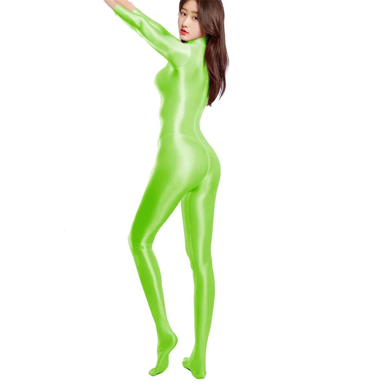 Sexy Women Zipper Full Body Jumpsuit Oil Glossy Sheer Solid Color Tights Bodysuits Long Sleeve Catsuits Smooth Swimsuits Rompers ShedPoundsPortal
