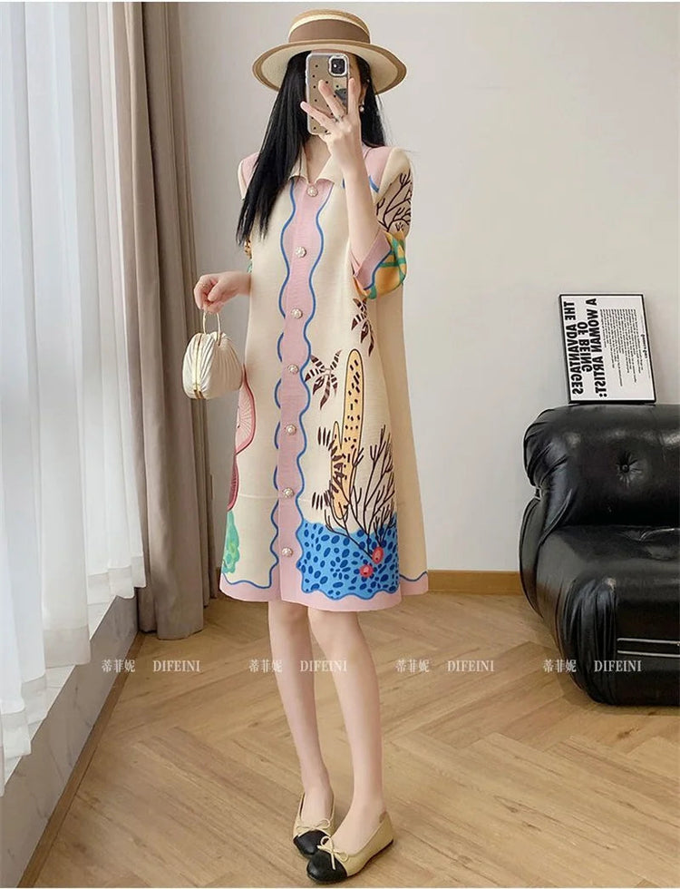Womens Dresses Evening Dresses Beautiful Lssey Miyake Pleated Dress Summer new Fashion Lapel Loose Slim Long Print Fat mm Skirt ShedPoundsPortal