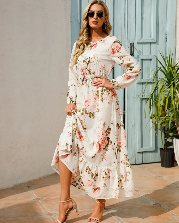 Women Eid Muslim Dresses Tight Waist O Neck Ruffles Spliced Casual Vestidos Flowers Dress Dubai Kaftan Islam Morocco Arab ShedPoundsPortal