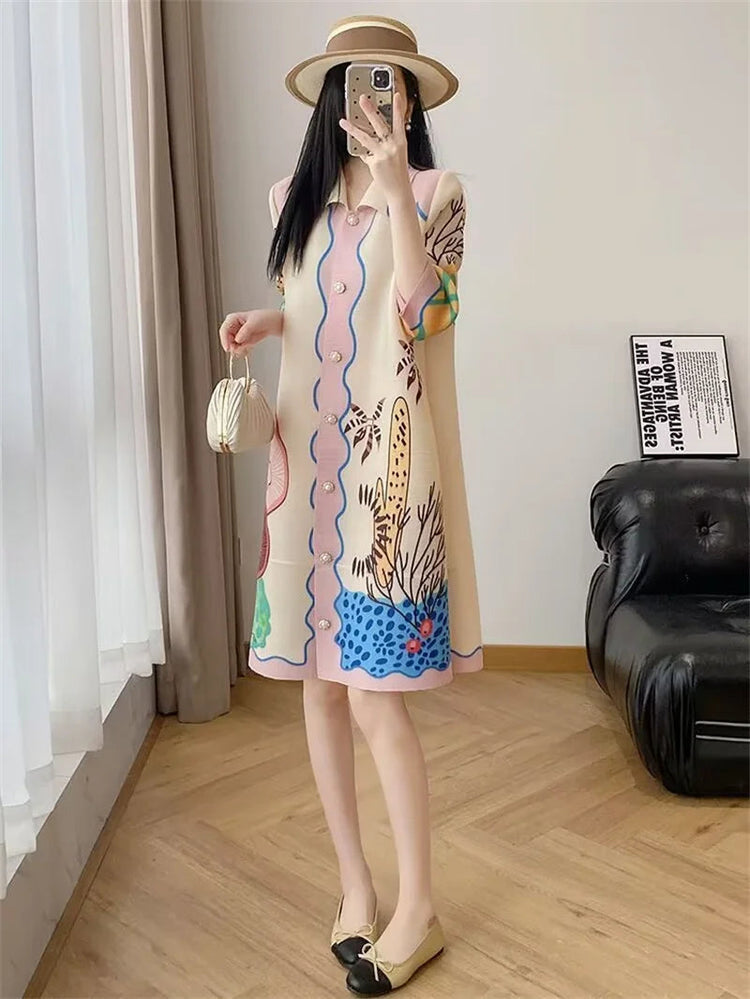 Womens Dresses Evening Dresses Beautiful Lssey Miyake Pleated Dress Summer new Fashion Lapel Loose Slim Long Print Fat mm Skirt ShedPoundsPortal