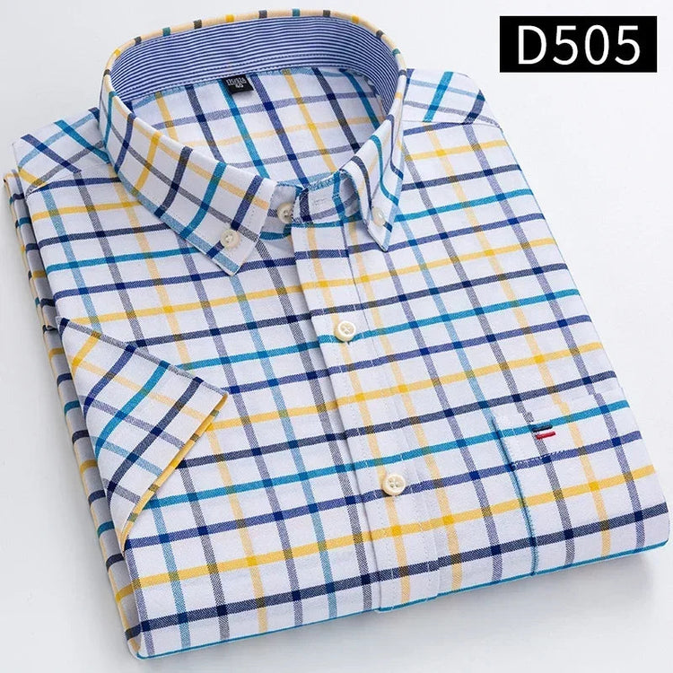 Cotton Fabric Breathable Men Oxford Short Sleeve Summer Plaid Striped Male Shirt Business Regular Fit Oversized Clothes ShedPoundsPortal