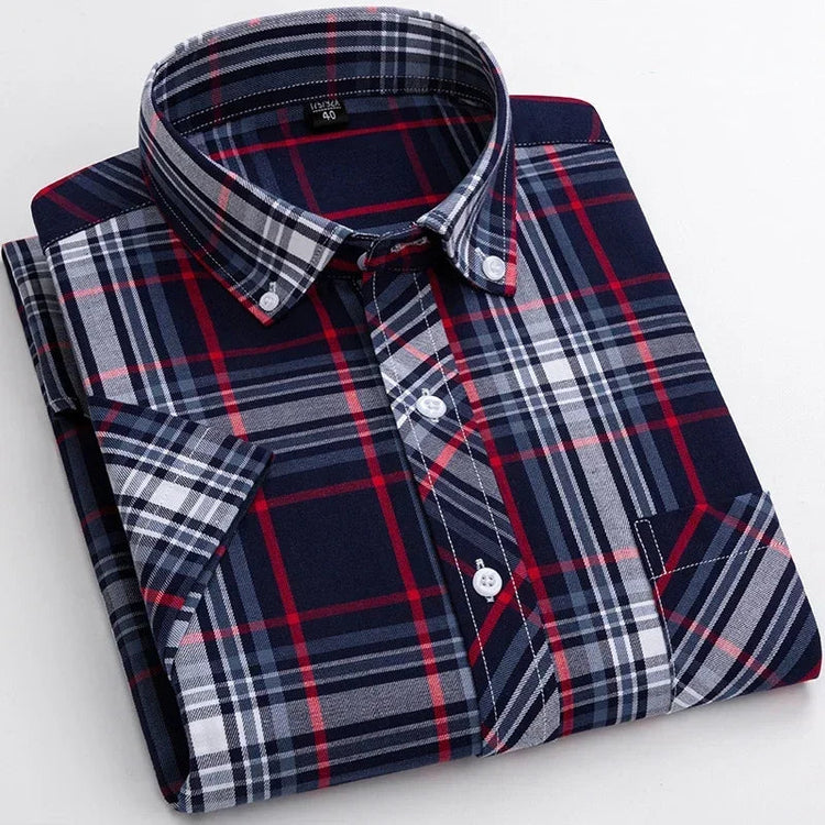 2025 Summer Cotton Plaid Short Sleeve Shirts For Men Plus Size Regular Fit Classic Young England Style Shirts Man&