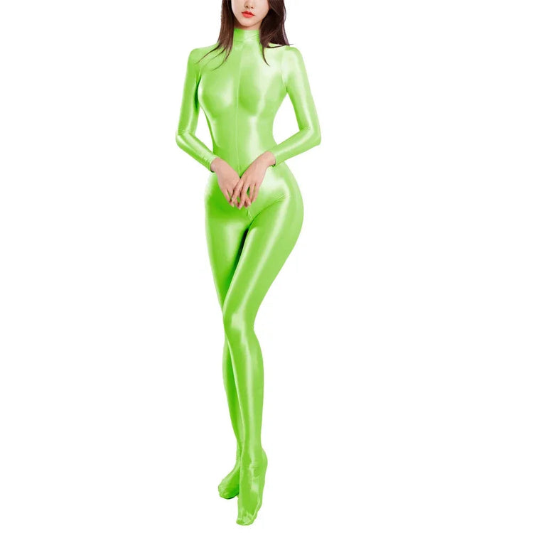 Sexy Women Zipper Full Body Jumpsuit Oil Glossy Sheer Solid Color Tights Bodysuits Long Sleeve Catsuits Smooth Swimsuits Rompers ShedPoundsPortal