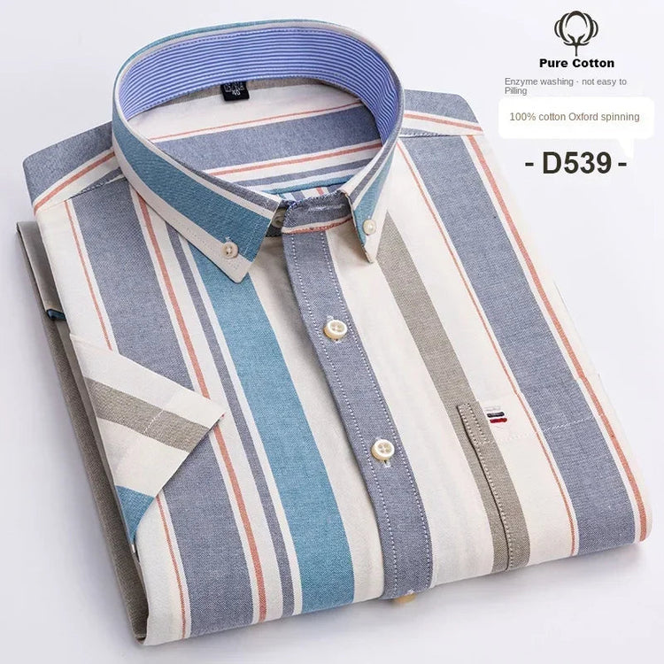 Cotton Fabric Breathable Men Oxford Short Sleeve Summer Plaid Striped Male Shirt Business Regular Fit Oversized Clothes ShedPoundsPortal