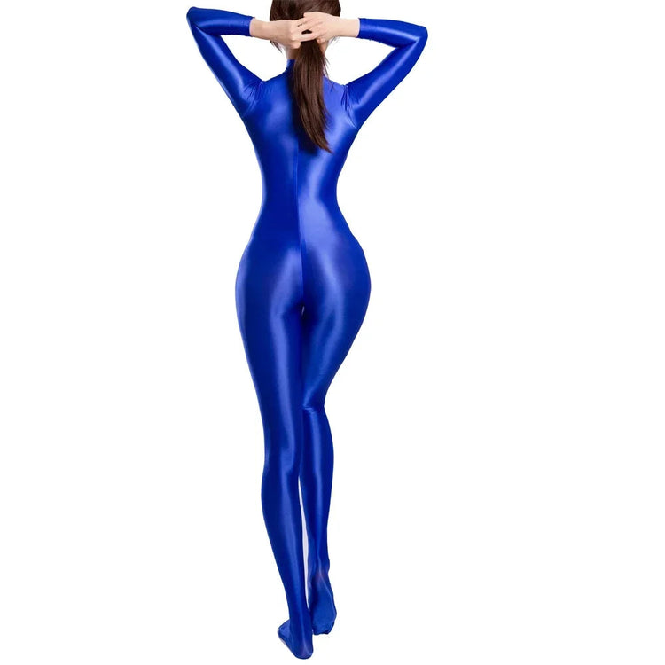 Sexy Women Zipper Full Body Jumpsuit Oil Glossy Sheer Solid Color Tights Bodysuits Long Sleeve Catsuits Smooth Swimsuits Rompers ShedPoundsPortal