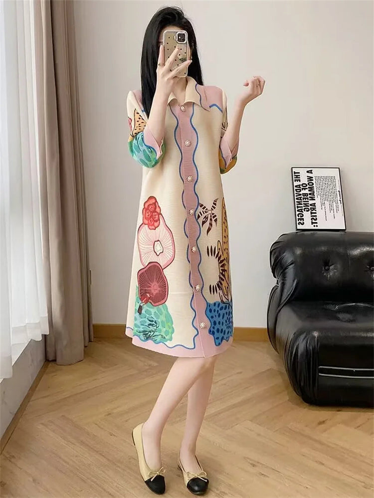 Womens Dresses Evening Dresses Beautiful Lssey Miyake Pleated Dress Summer new Fashion Lapel Loose Slim Long Print Fat mm Skirt ShedPoundsPortal
