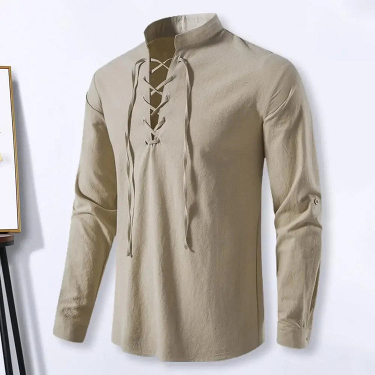 Shirt Cotton Linen Flax Tops Lace Up Long Sleeves Blouse Mens V Neck Medieval Costume Embroidery Tunic Casual Shirt ShedPoundsPortal