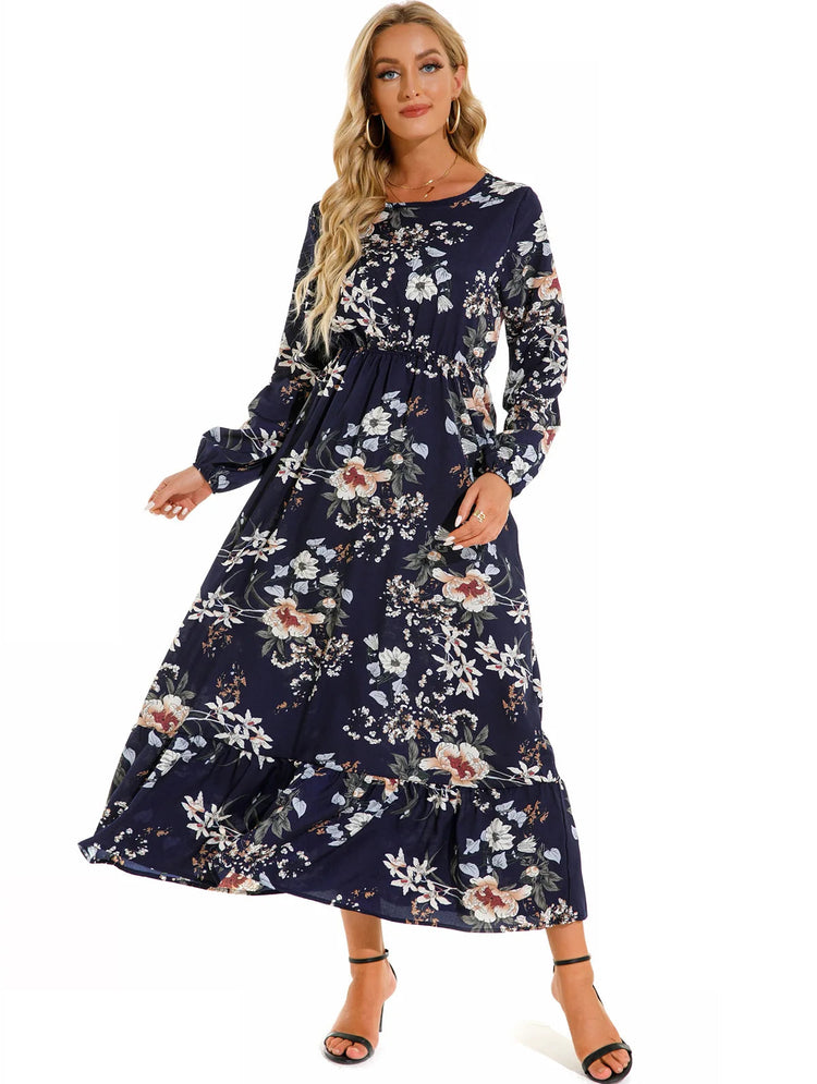 Women Eid Muslim Dresses Tight Waist O Neck Ruffles Spliced Casual Vestidos Flowers Dress Dubai Kaftan Islam Morocco Arab ShedPoundsPortal