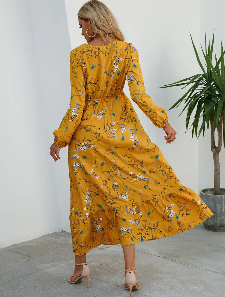 Women Eid Muslim Dresses Tight Waist O Neck Ruffles Spliced Casual Vestidos Flowers Dress Dubai Kaftan Islam Morocco Arab ShedPoundsPortal