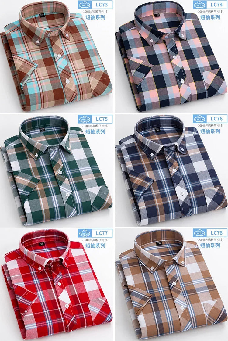 2025 Summer Cotton Plaid Short Sleeve Shirts For Men Plus Size Regular Fit Classic Young England Style Shirts Man&