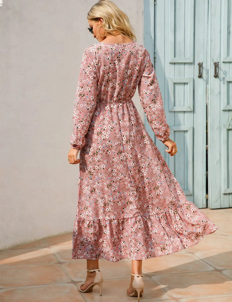 Women Eid Muslim Dresses Tight Waist O Neck Ruffles Spliced Casual Vestidos Flowers Dress Dubai Kaftan Islam Morocco Arab ShedPoundsPortal