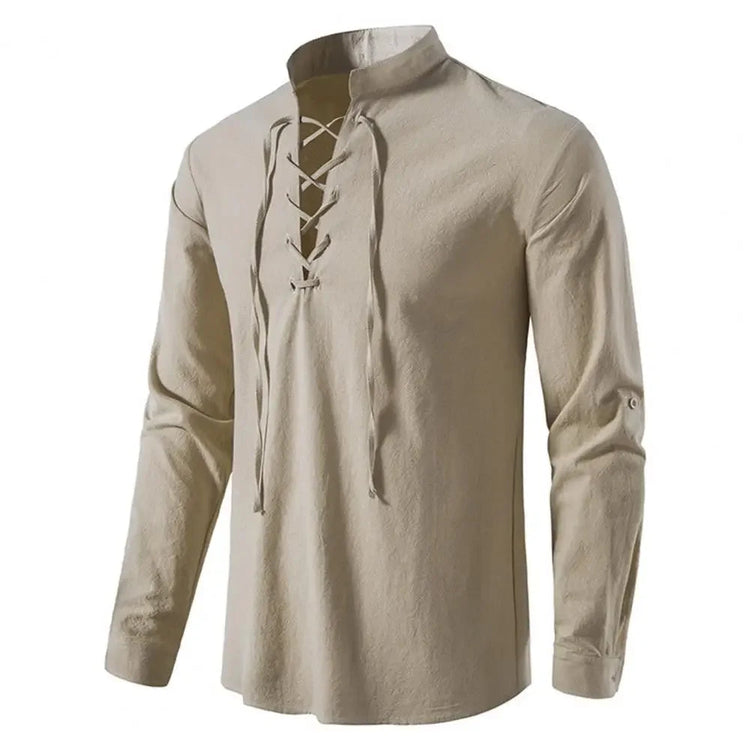 Shirt Cotton Linen Flax Tops Lace Up Long Sleeves Blouse Mens V Neck Medieval Costume Embroidery Tunic Casual Shirt ShedPoundsPortal