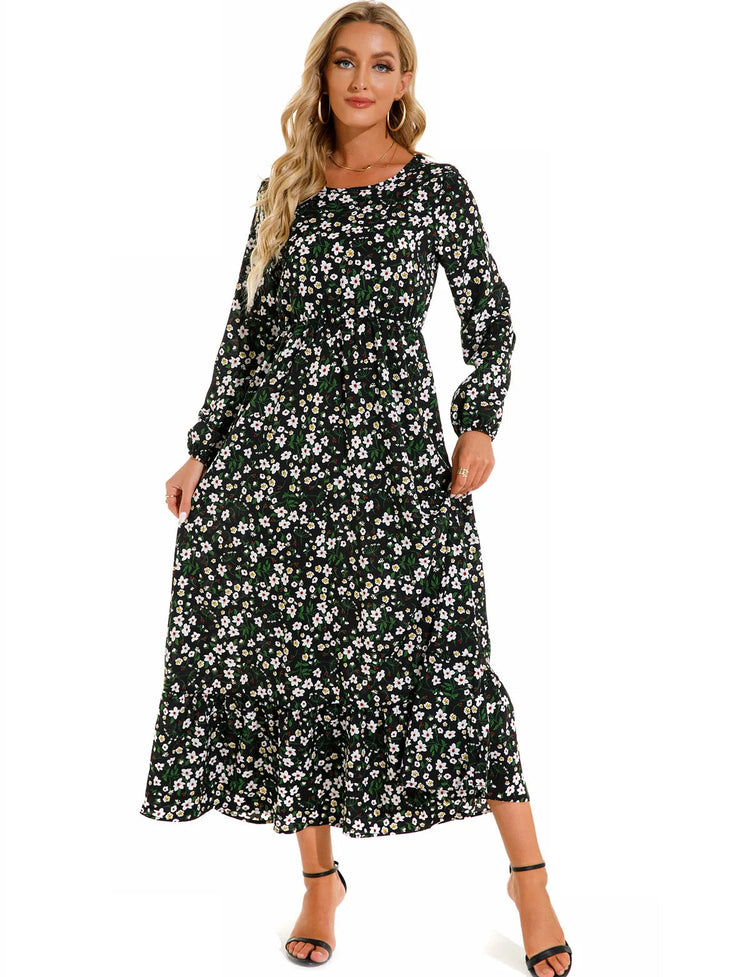 Women Eid Muslim Dresses Tight Waist O Neck Ruffles Spliced Casual Vestidos Flowers Dress Dubai Kaftan Islam Morocco Arab ShedPoundsPortal