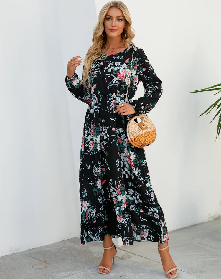 Women Eid Muslim Dresses Tight Waist O Neck Ruffles Spliced Casual Vestidos Flowers Dress Dubai Kaftan Islam Morocco Arab ShedPoundsPortal