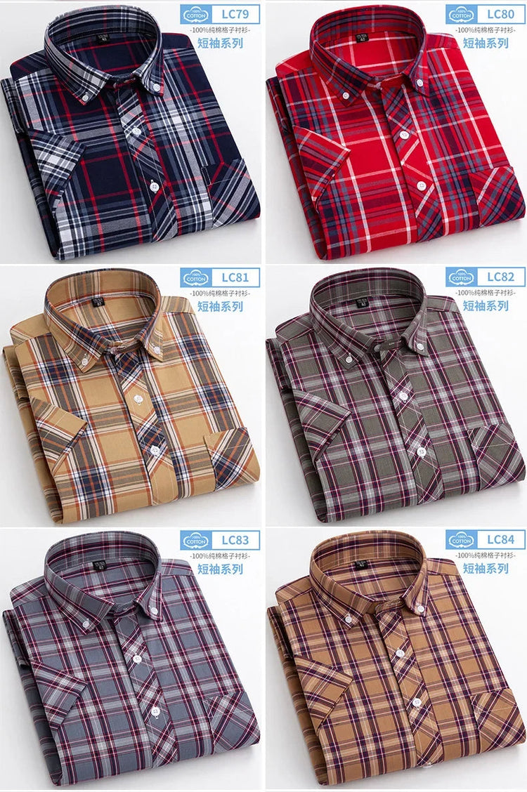 2025 Summer Cotton Plaid Short Sleeve Shirts For Men Plus Size Regular Fit Classic Young England Style Shirts Man&