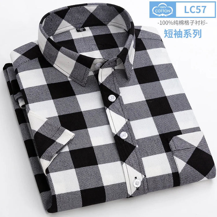 2025 Summer Cotton Plaid Short Sleeve Shirts For Men Plus Size Regular Fit Classic Young England Style Shirts Man&