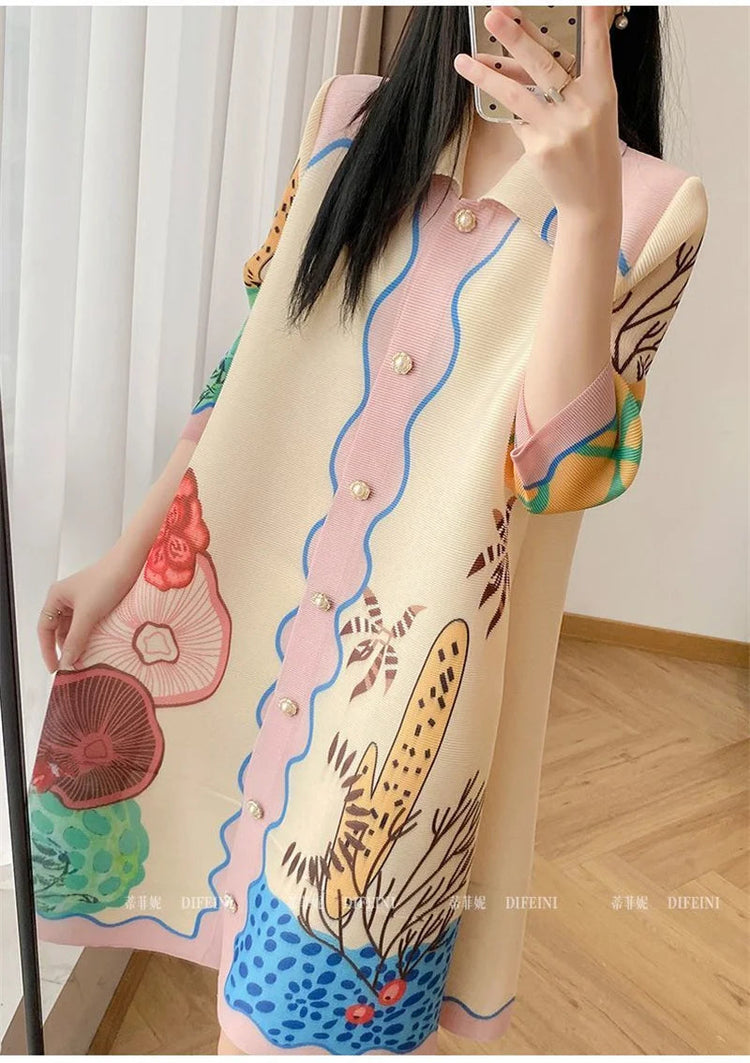 Womens Dresses Evening Dresses Beautiful Lssey Miyake Pleated Dress Summer new Fashion Lapel Loose Slim Long Print Fat mm Skirt ShedPoundsPortal
