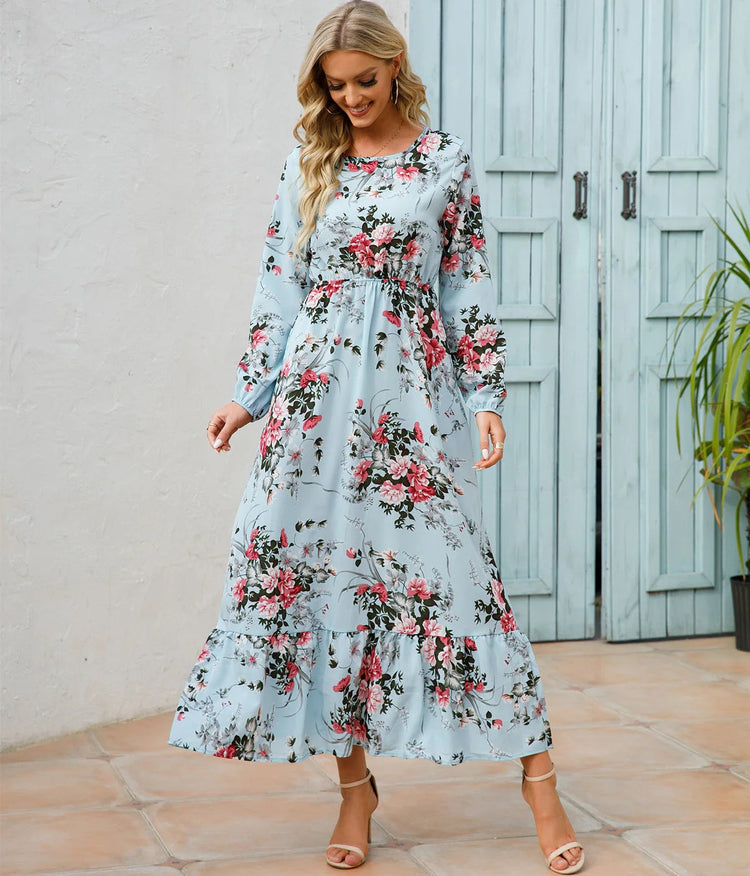Women Eid Muslim Dresses Tight Waist O Neck Ruffles Spliced Casual Vestidos Flowers Dress Dubai Kaftan Islam Morocco Arab ShedPoundsPortal