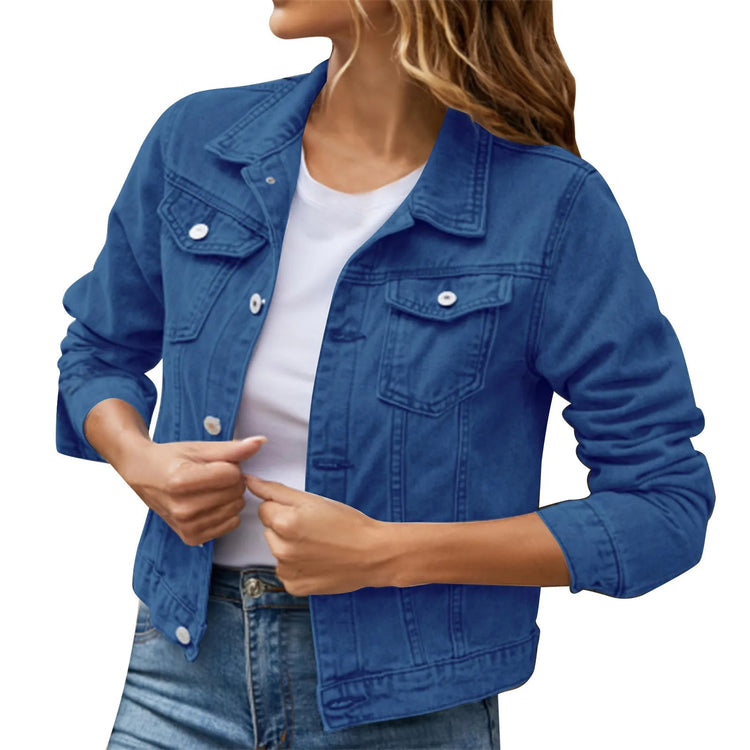 2025 Trend Womens Short Denim Jacket Classic Long Sleeve Boyfriend Jean Jacket Slim Fit Button Down Lapel Denim Coat Outwear ShedPoundsPortal