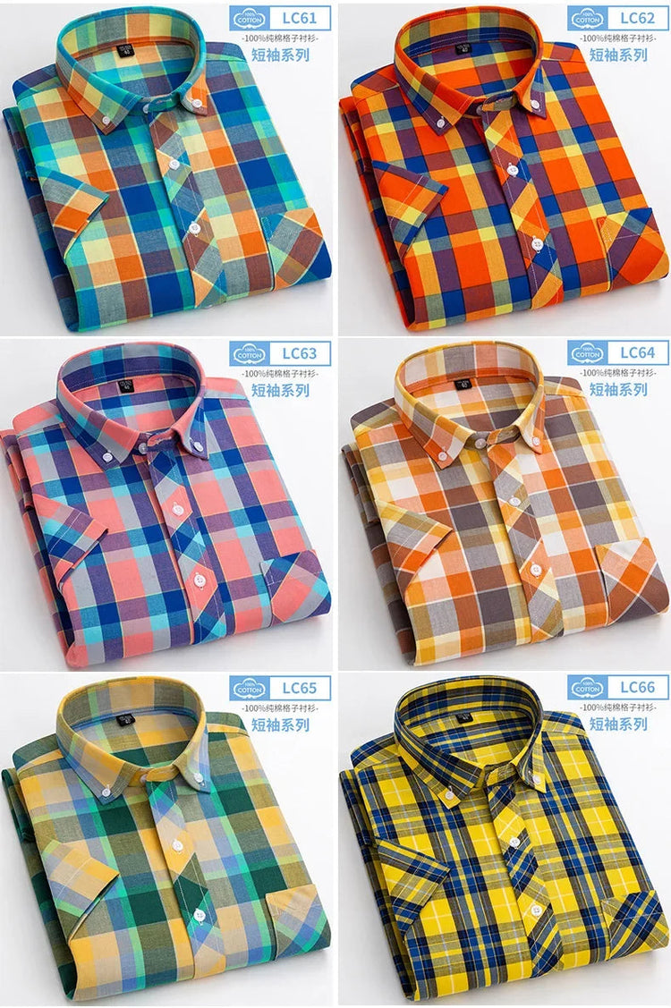 2025 Summer Cotton Plaid Short Sleeve Shirts For Men Plus Size Regular Fit Classic Young England Style Shirts Man&