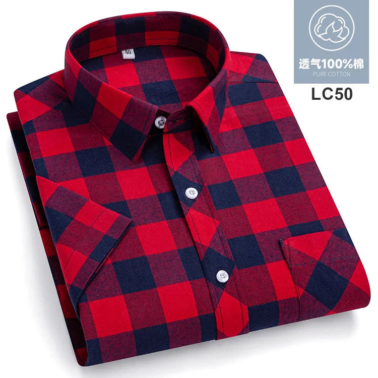 2025 Summer Cotton Plaid Short Sleeve Shirts For Men Plus Size Regular Fit Classic Young England Style Shirts Man&