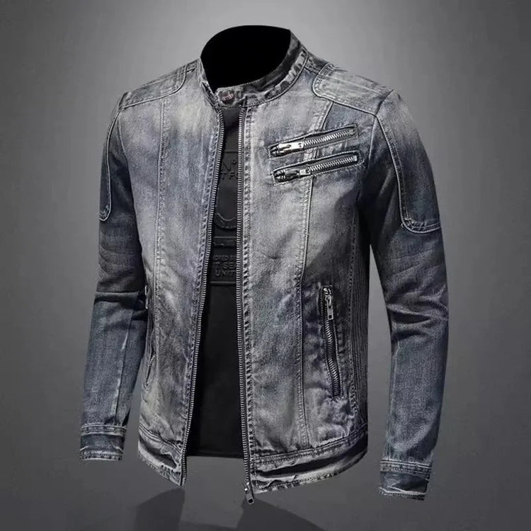 Trendy Stand Collar Zip-Uplapel Motorcycle Denim Jacket Unique Vintage Sports Top For Men Casual Trendy Brand Jacket ShedPoundsPortal
