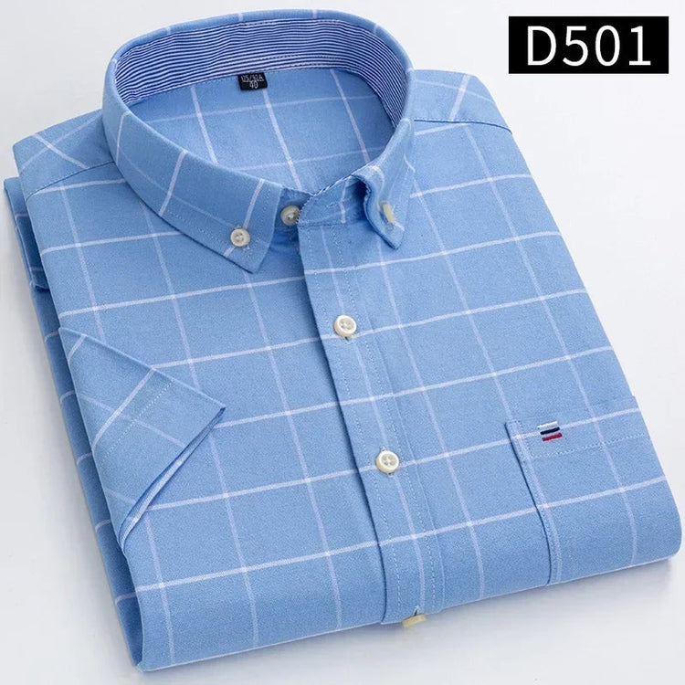 Cotton Fabric Breathable Men Oxford Short Sleeve Summer Plaid Striped Male Shirt Business Regular Fit Oversized Clothes ShedPoundsPortal
