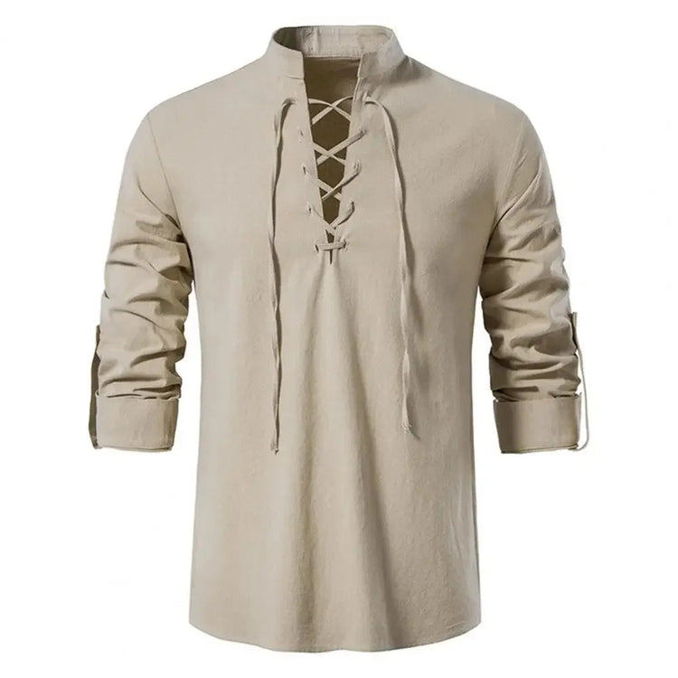 Shirt Cotton Linen Flax Tops Lace Up Long Sleeves Blouse Mens V Neck Medieval Costume Embroidery Tunic Casual Shirt ShedPoundsPortal