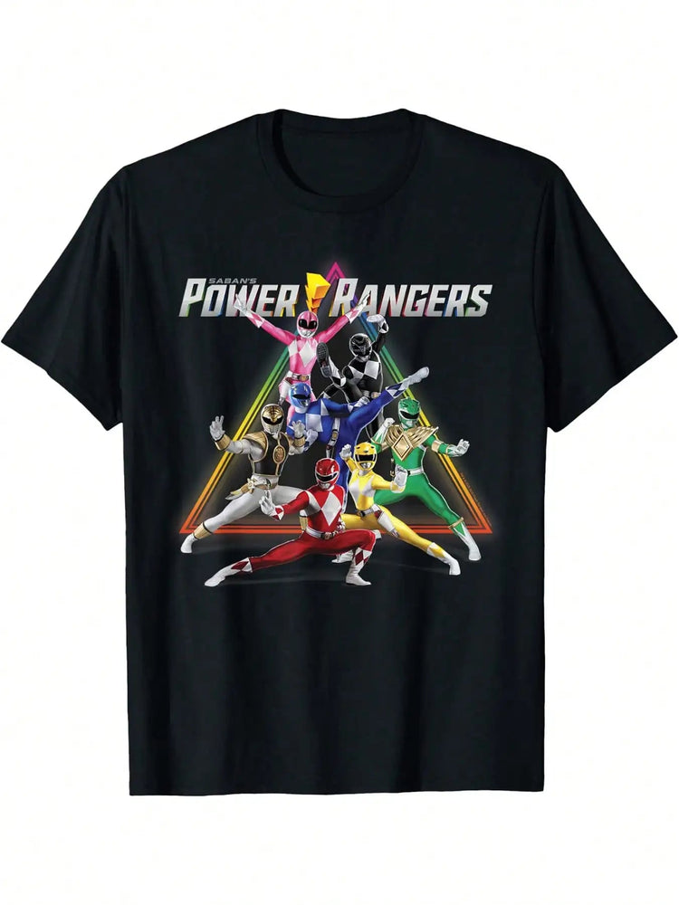 Power Rangers Rainbow Pyramid Retro Action Portrait T Shirt 100% Cotton Knit Fabric Casual T-Shirt With Crew Neck Short Sleeves ShedPoundsPortal