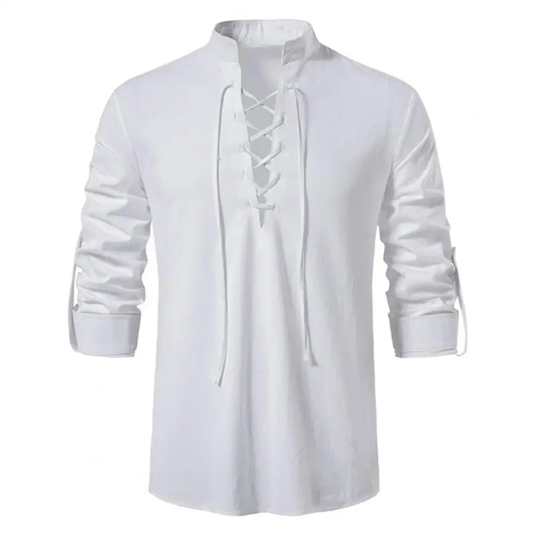 Shirt Cotton Linen Flax Tops Lace Up Long Sleeves Blouse Mens V Neck Medieval Costume Embroidery Tunic Casual Shirt ShedPoundsPortal