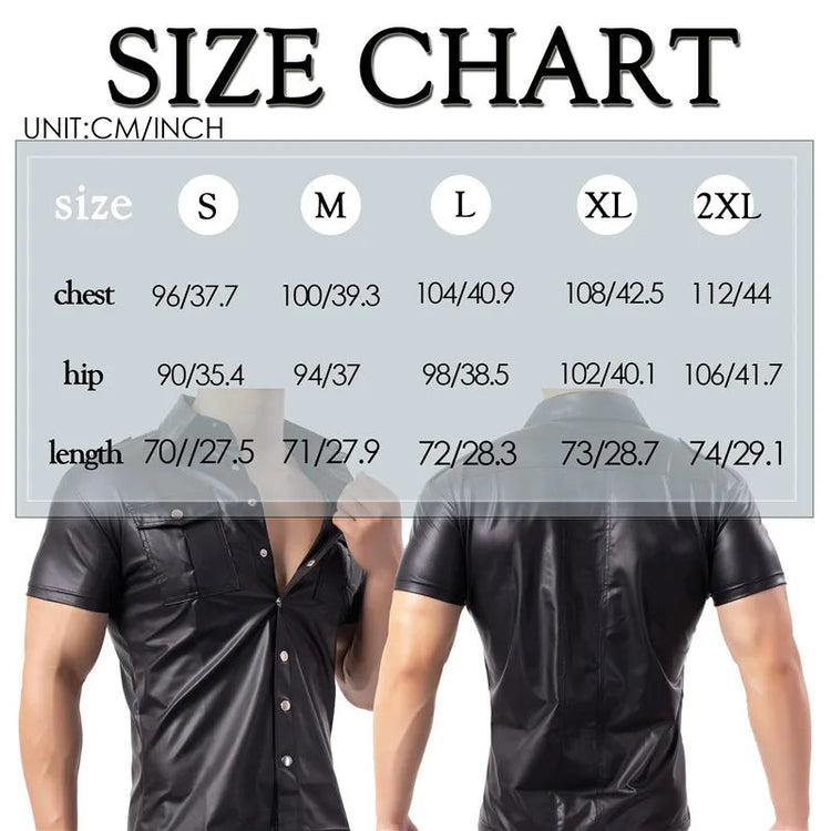 Mens Shirts Faux Leather T Shirts Nightclub Stage Costumes Short Sleeve Button Up Shirt PU Leather Latex Wetlook Dance Clubwear ShedPoundsPortal