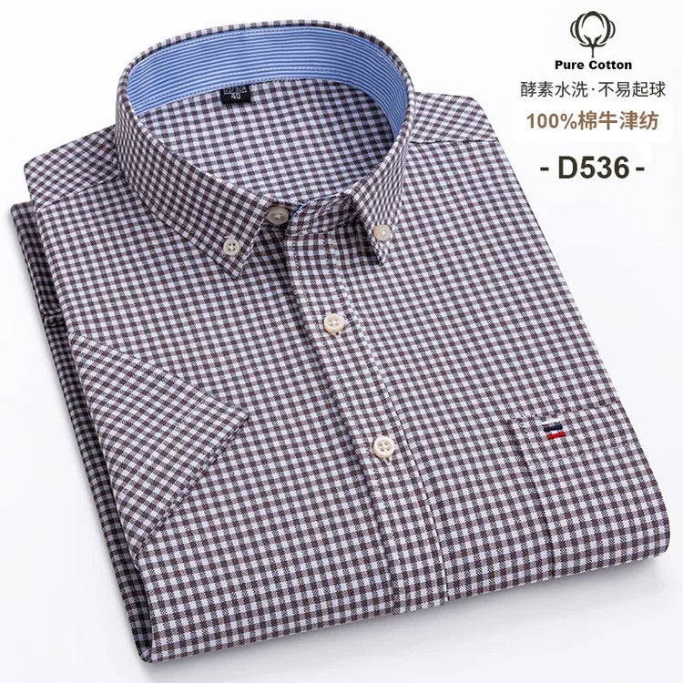 Cotton Fabric Breathable Men Oxford Short Sleeve Summer Plaid Striped Male Shirt Business Regular Fit Oversized Clothes ShedPoundsPortal