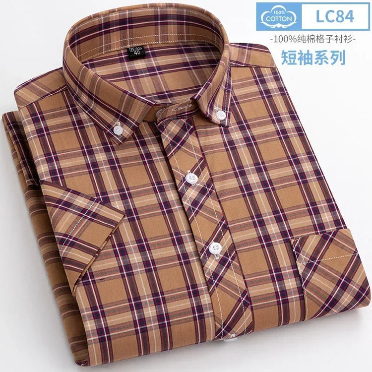 2025 Summer Cotton Plaid Short Sleeve Shirts For Men Plus Size Regular Fit Classic Young England Style Shirts Man&